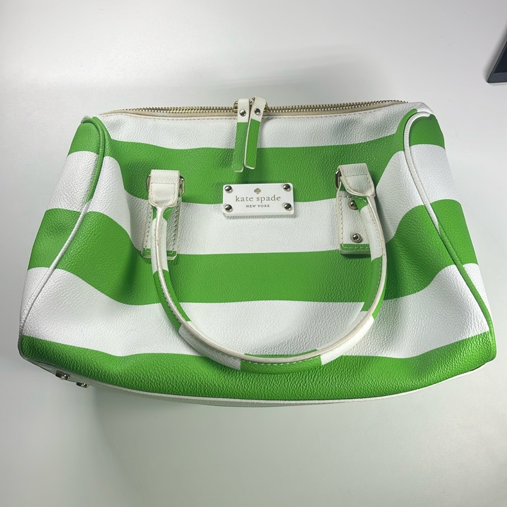 Kate Spade Green and White Striped‎ Boston Hand Bag NWT
